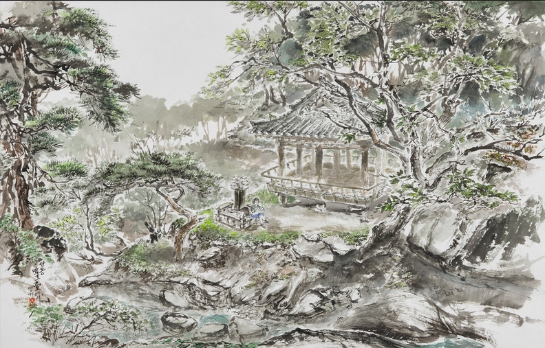 안동-명옥대- 45x71 한지에 석채